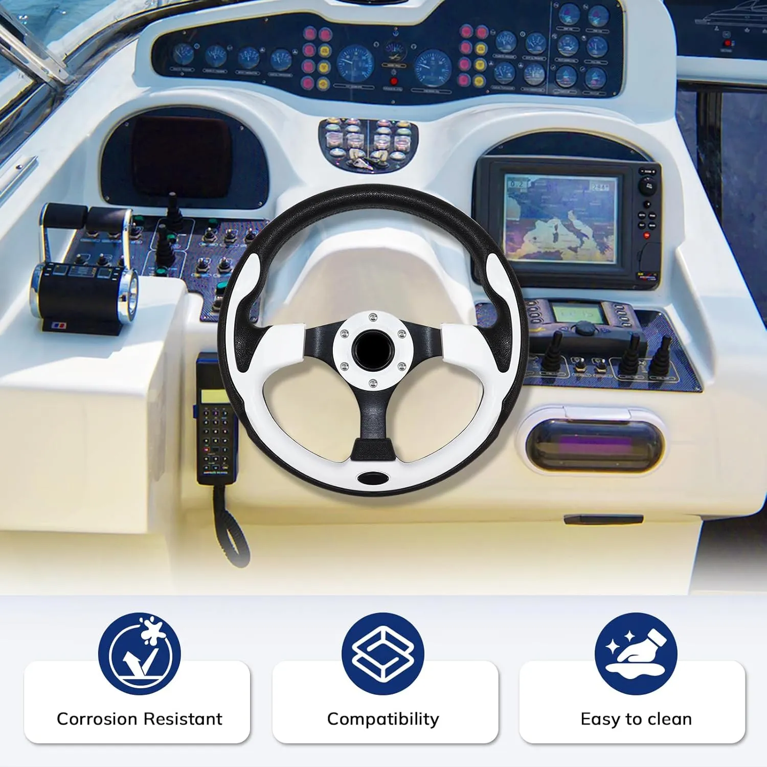 12.5 Inch Boat Steering Wheel with 3/4 Axle Marine Steering Wheel Adapter, Anti-Slip Steering Wheel for Boats, Yachts, Pontoon Boats