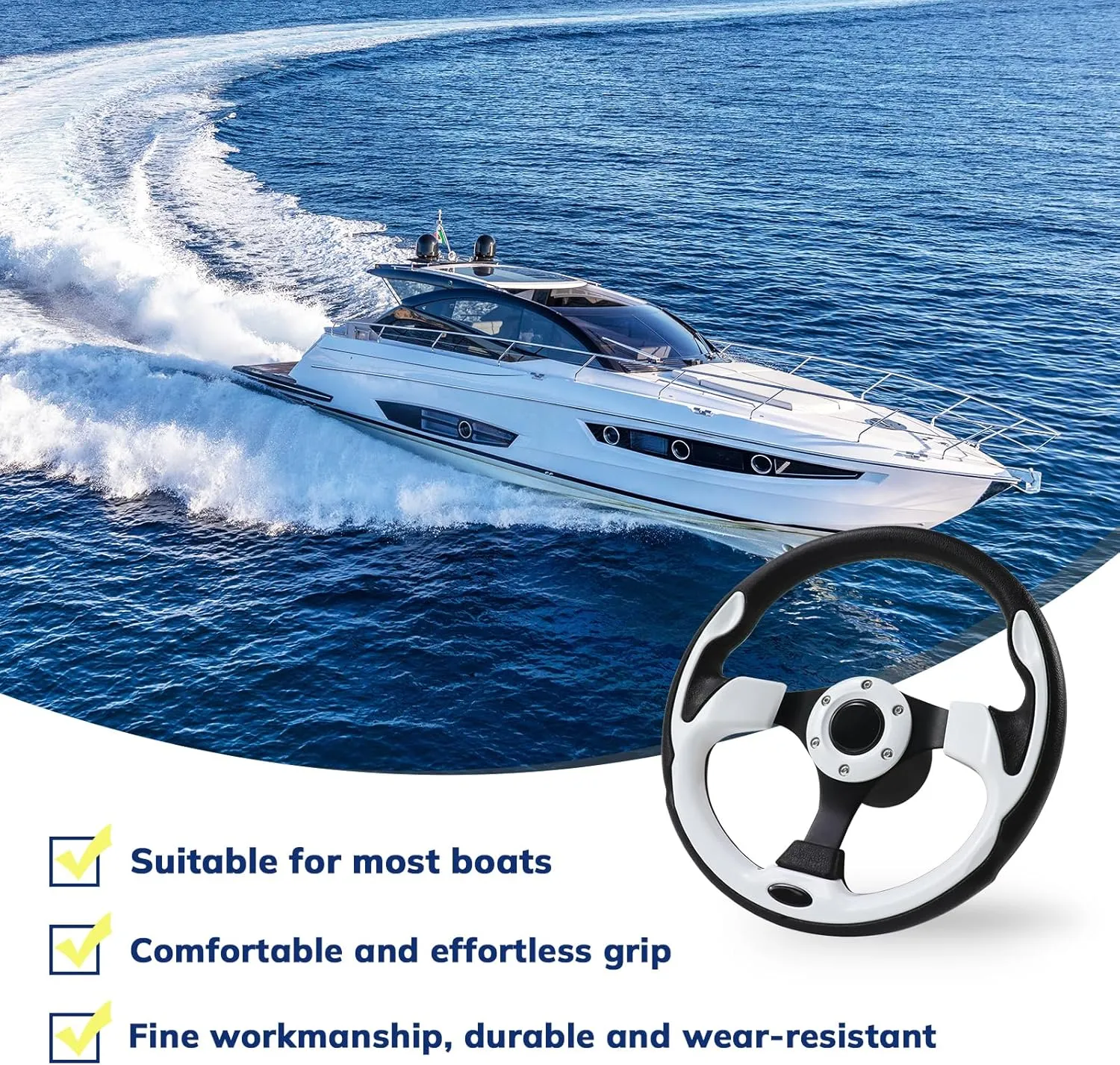 12.5 Inch Boat Steering Wheel with 3/4 Axle Marine Steering Wheel Adapter, Anti-Slip Steering Wheel for Boats, Yachts, Pontoon Boats