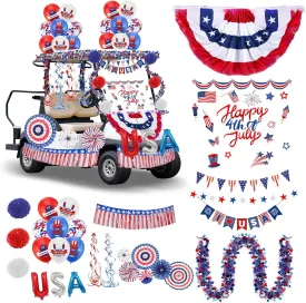 125 Pcs 4th of July Independence Day Parade Decorations for Golf Cart Patriotic Parade Car Decoration, Red White Blue Tinsel Garlands, Balloons for Independence Day Memorial Day