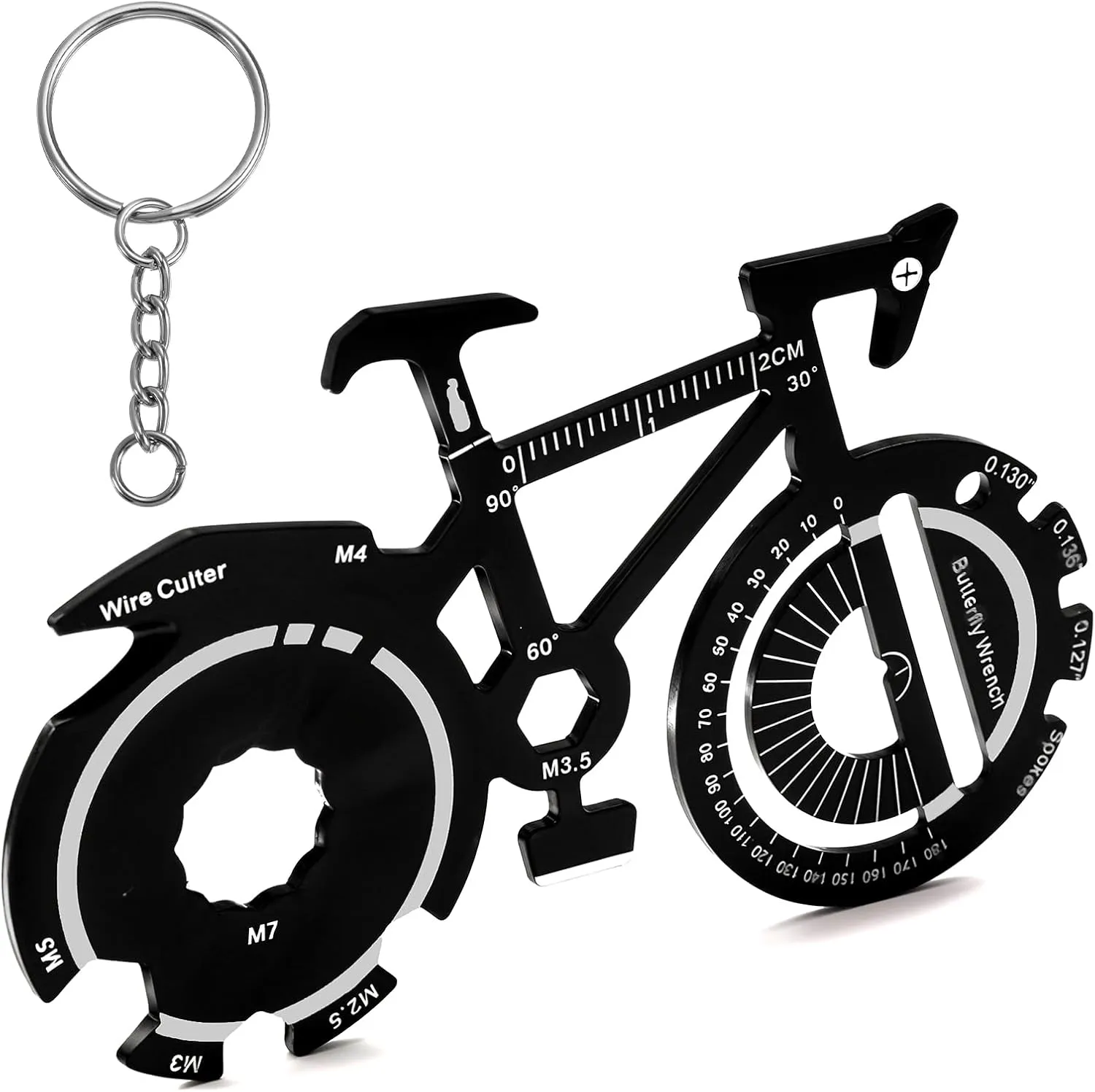 20 in 1 Bicycle Shaped Keychain Multitool Card - Pocket Multi-Tool for Bike Lover Men Key Chain gift for Dad Husband Birthday Father's Day - Black Stainless Steel