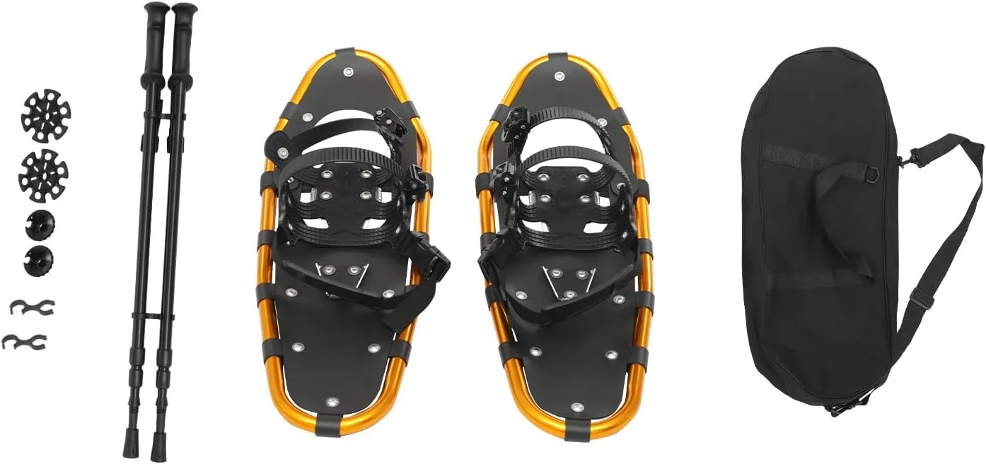 25 Inch Snowshoes with Adjuatable Trekking Poles and Carrying Bag, 110lbs Load Capacity, Lightweight Aluminum Snowshoes with 3-Section Telescopic Hiking Poles for Adults Men Women