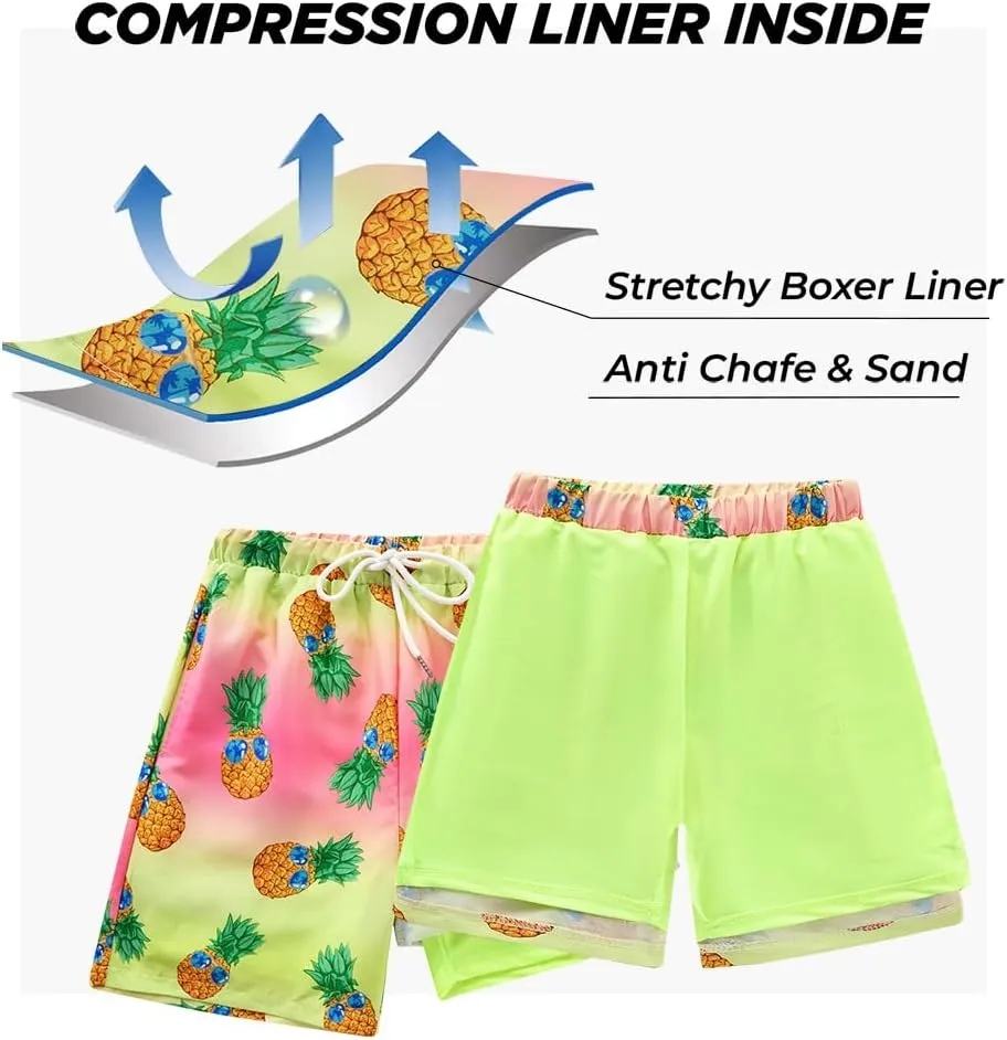 Boys Swim Trunk with Compression Boxer Brief Double Layer Beach Surf Board Shorts Kids Quick Dry Anti Chafe Swimwear
