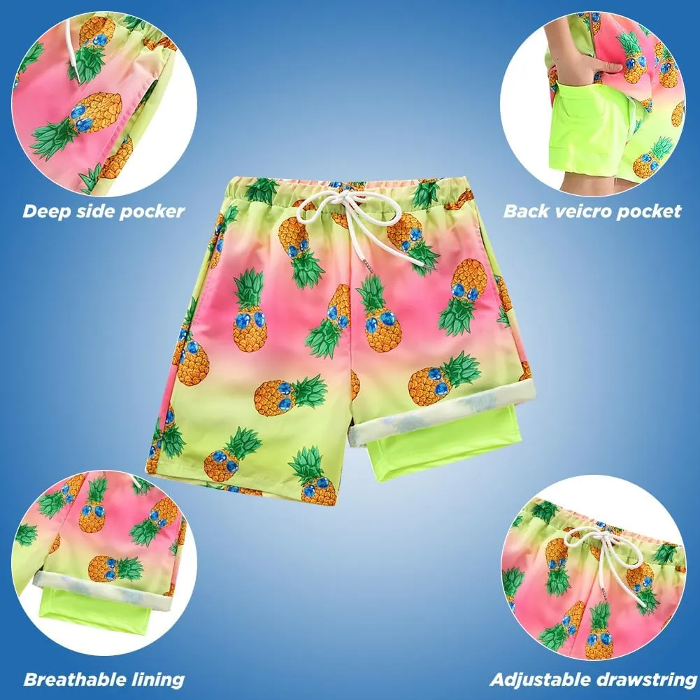 Boys Swim Trunk with Compression Boxer Brief Double Layer Beach Surf Board Shorts Kids Quick Dry Anti Chafe Swimwear