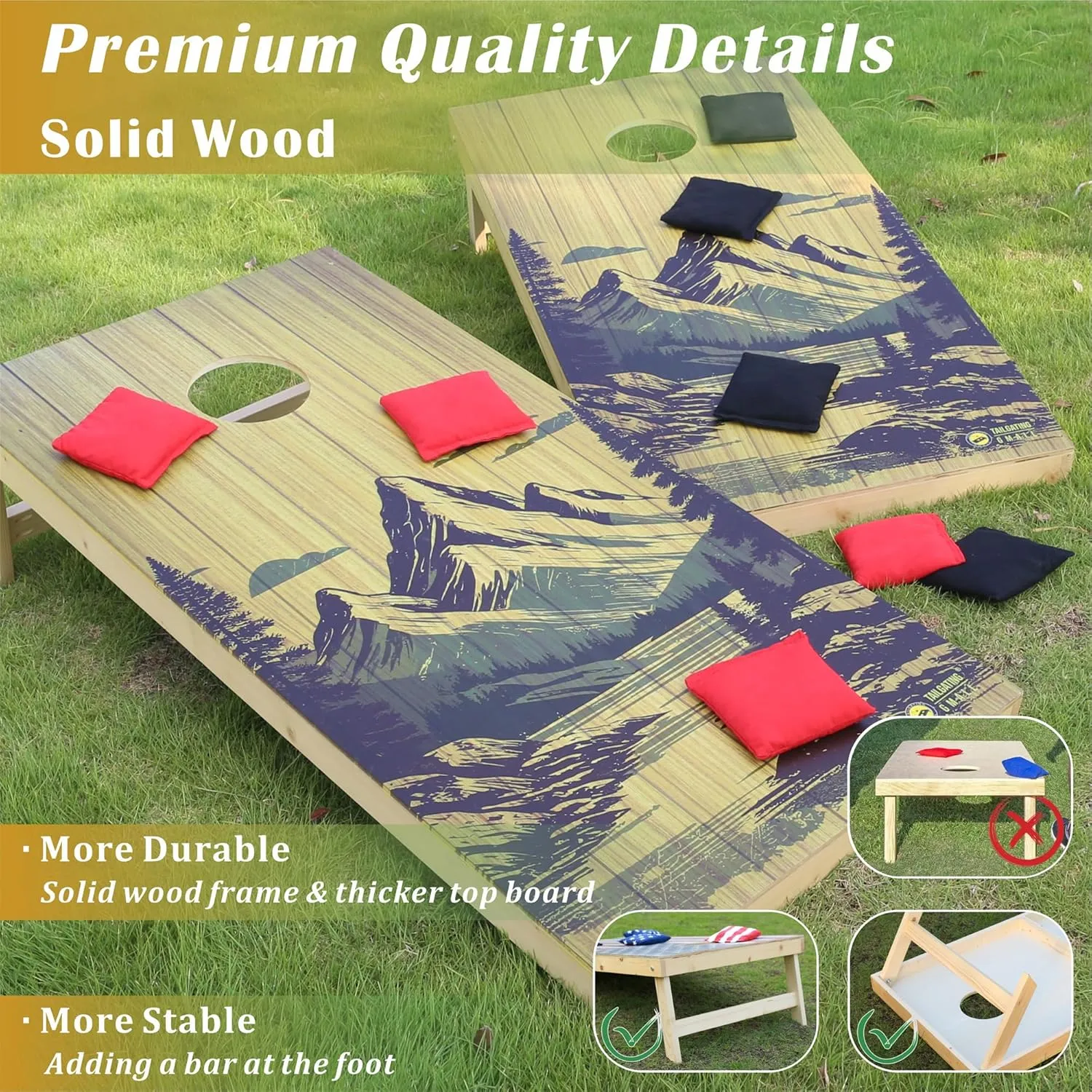 Cornhole Board Set 4FTx2FT Solid Wood Regulation Size Cornhole Set Includes 8 Cornhole Bags for Adults