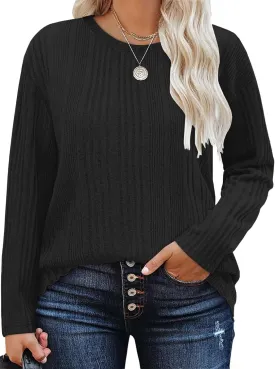 DOLNINE Plus-Size-Tops for Women Casual Crewneck Shirts Comfy Long Sleeve Tees Ribbed Knit Lightweight Sweatshirts XL-5XL