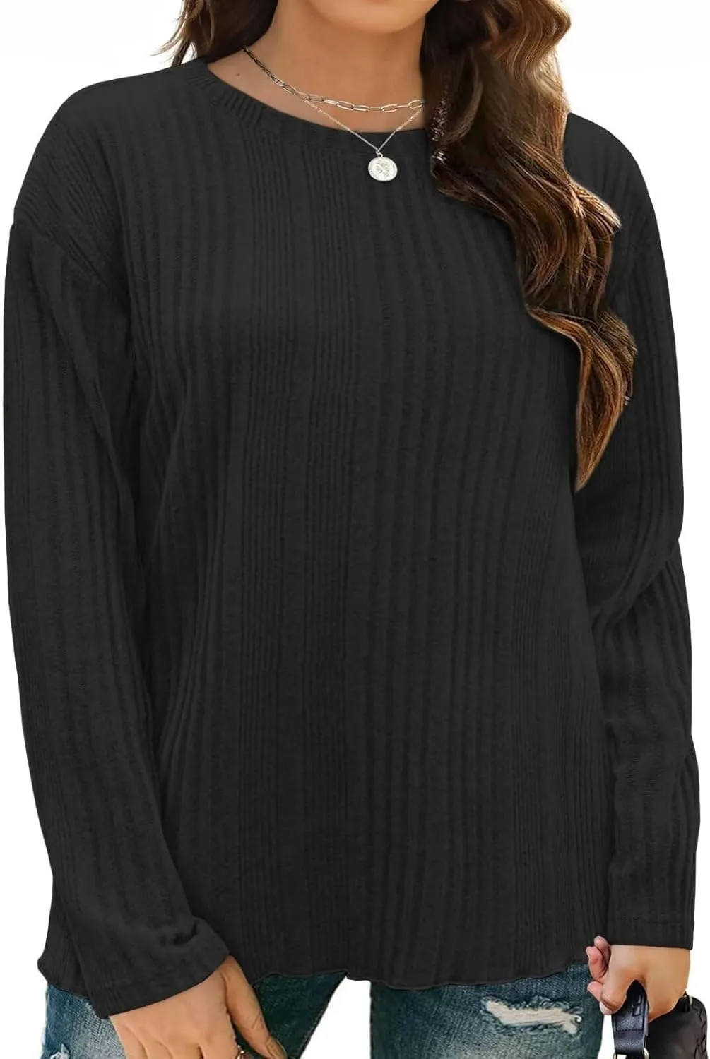 DOLNINE Plus-Size-Tops for Women Casual Crewneck Shirts Comfy Long Sleeve Tees Ribbed Knit Lightweight Sweatshirts XL-5XL