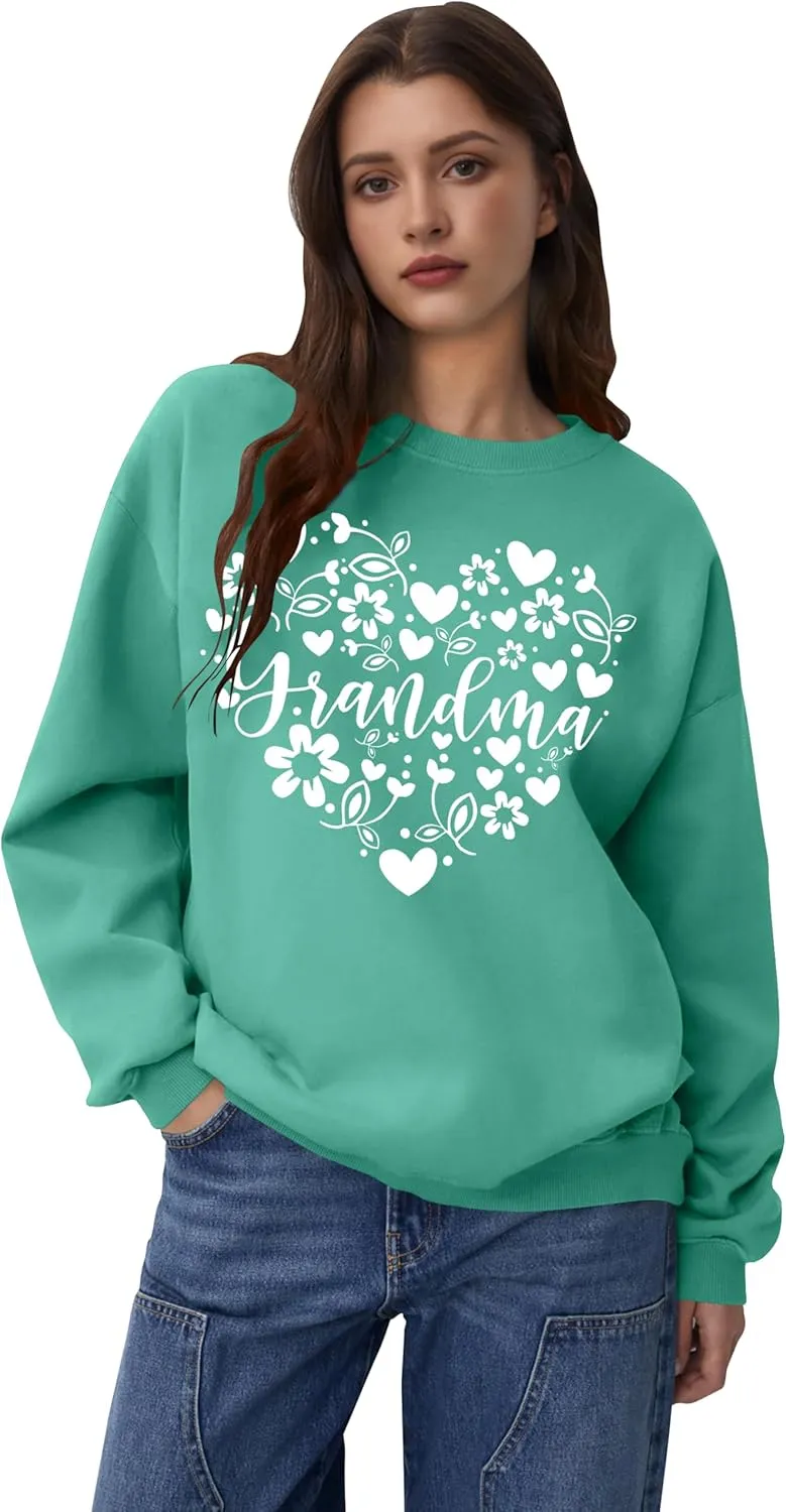 Grandma Sweatshirts for Women: Grandma Floral Heart Shirts Long Sleeve Grandmother Gifts Crewneck Pullover Tops