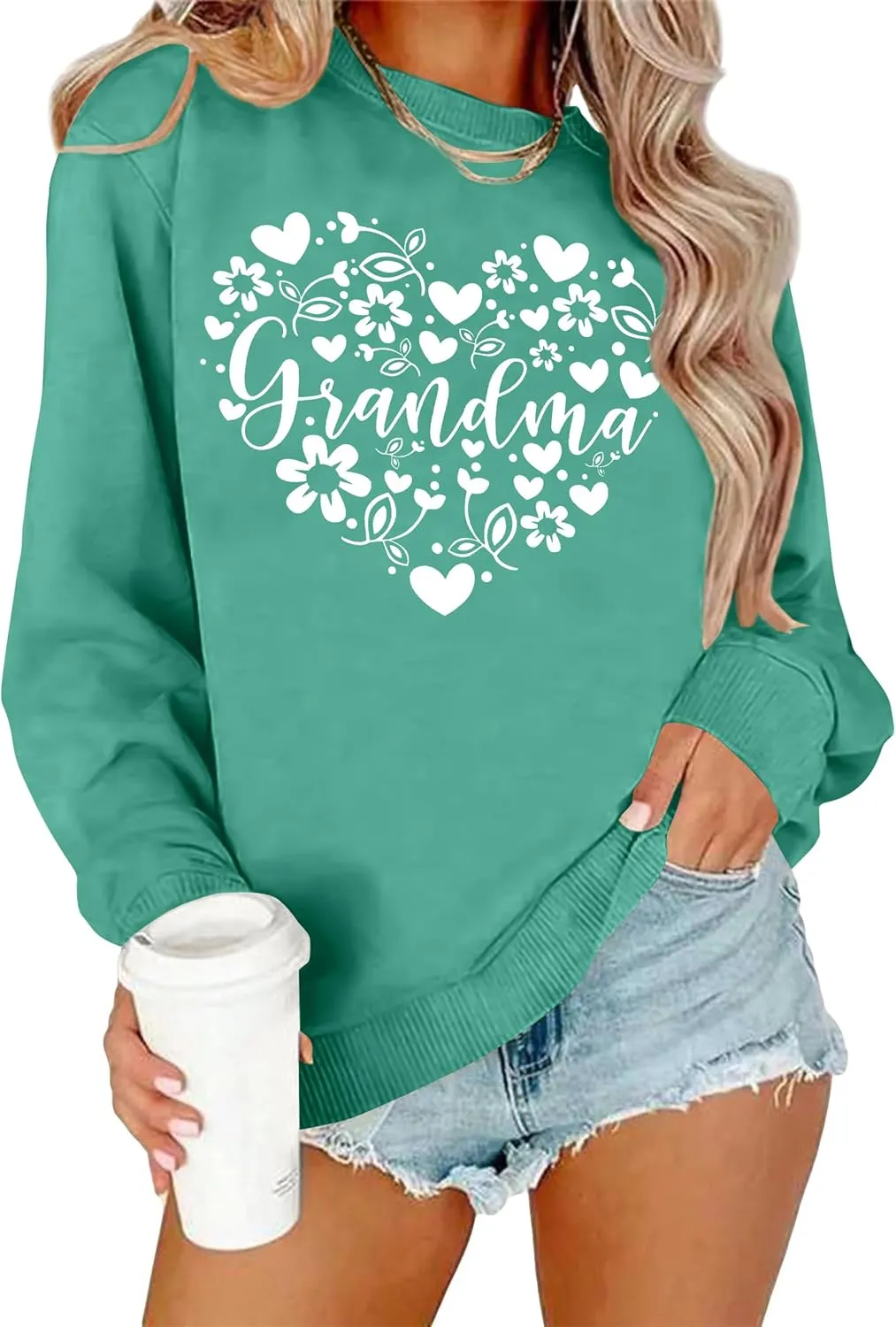 Grandma Sweatshirts for Women: Grandma Floral Heart Shirts Long Sleeve Grandmother Gifts Crewneck Pullover Tops
