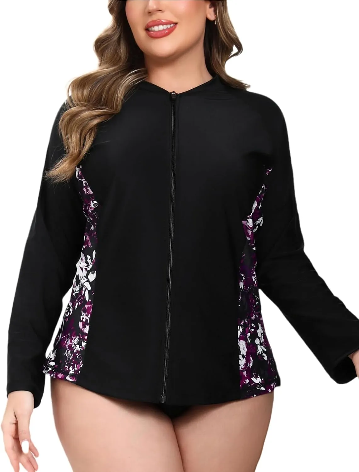 Halcurt Women's Plus Size Long Sleeve Rash Guard Shirts Full Zip Swim Top UPF50  Loose Fit Quick Dry Swimsuit
