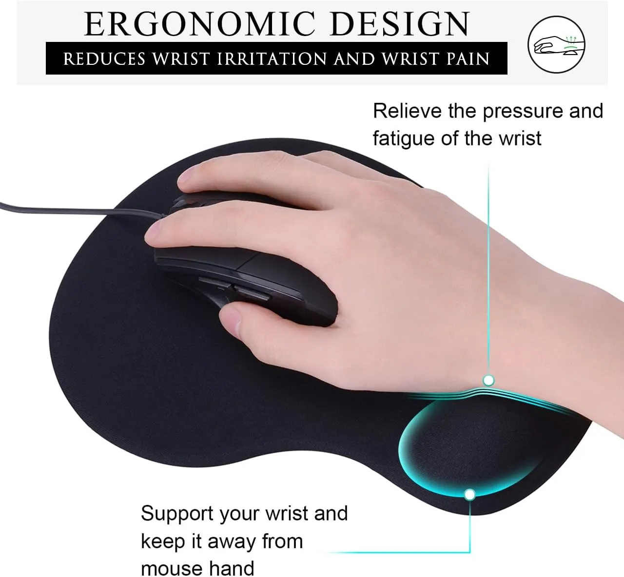 JIKIOU Mouse Pad, 2 Pack Ergonomic Mouse Pads with Comfortable Gel Wrist Rest Support and Lycra Cloth, Non-Slip PU Base for Easy Typing Pain Relief Durable and Easy to Clean Small Black