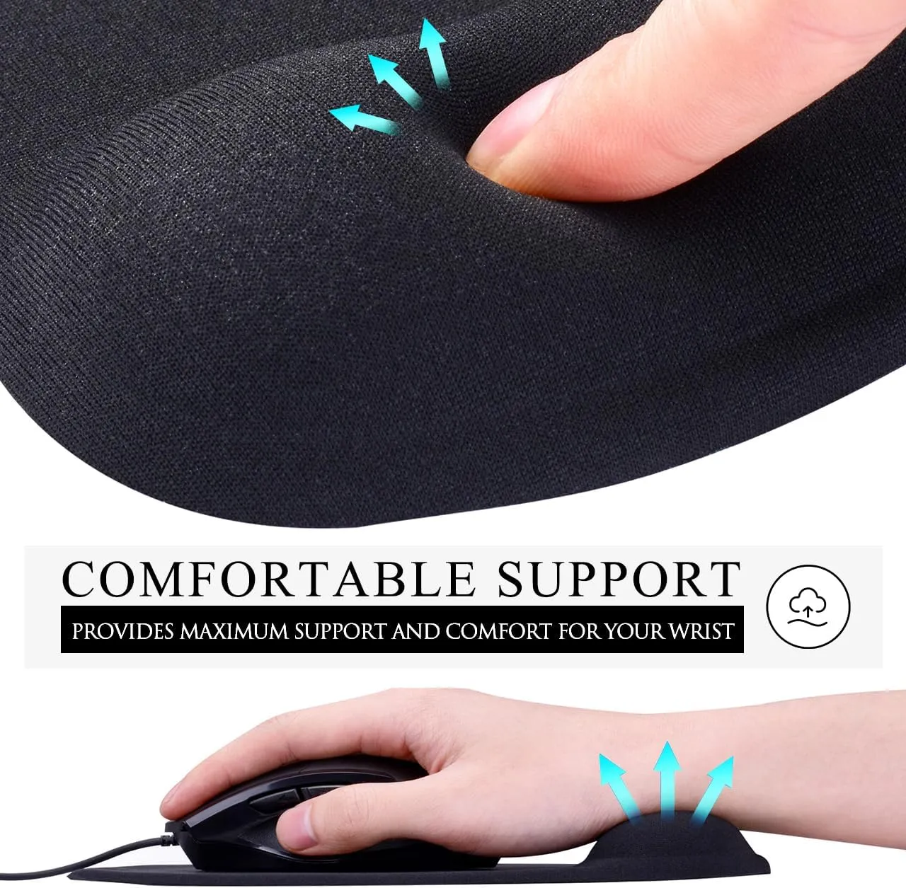 JIKIOU Mouse Pad, 2 Pack Ergonomic Mouse Pads with Comfortable Gel Wrist Rest Support and Lycra Cloth, Non-Slip PU Base for Easy Typing Pain Relief Durable and Easy to Clean Small Black