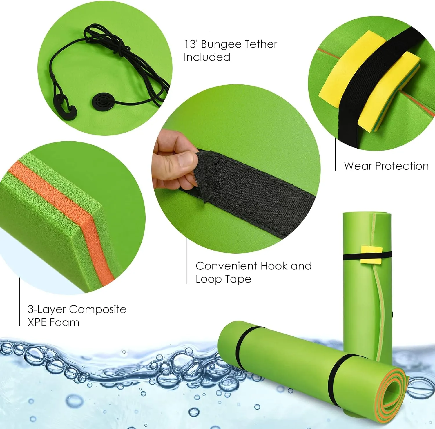 MAT Expert Floating Water Mat, 12'x6'x 1.5" Tear-Resistant 3-Layer XPE Foam Pad, Floating Island w/Bungee Tether & Straps, Giant Lake Floats, Ideal for Pool/Lake/Sea, Bear 880lbs for 4-6 Adults