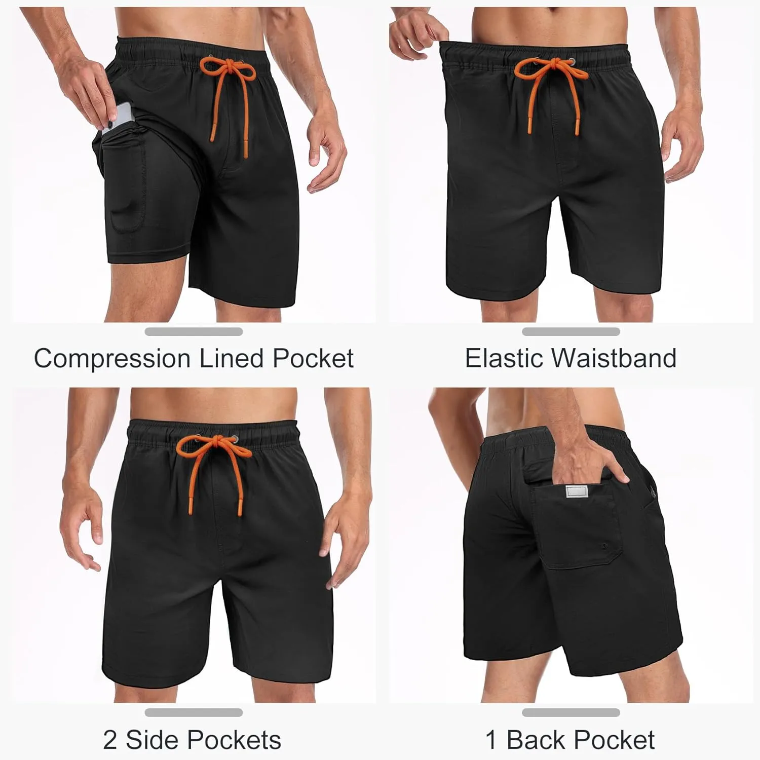 Mens Swim Trunks with Compression Liner 2 in 1 Quick Dry Swimming Shorts Swimwear Bathing Suits with Pockets