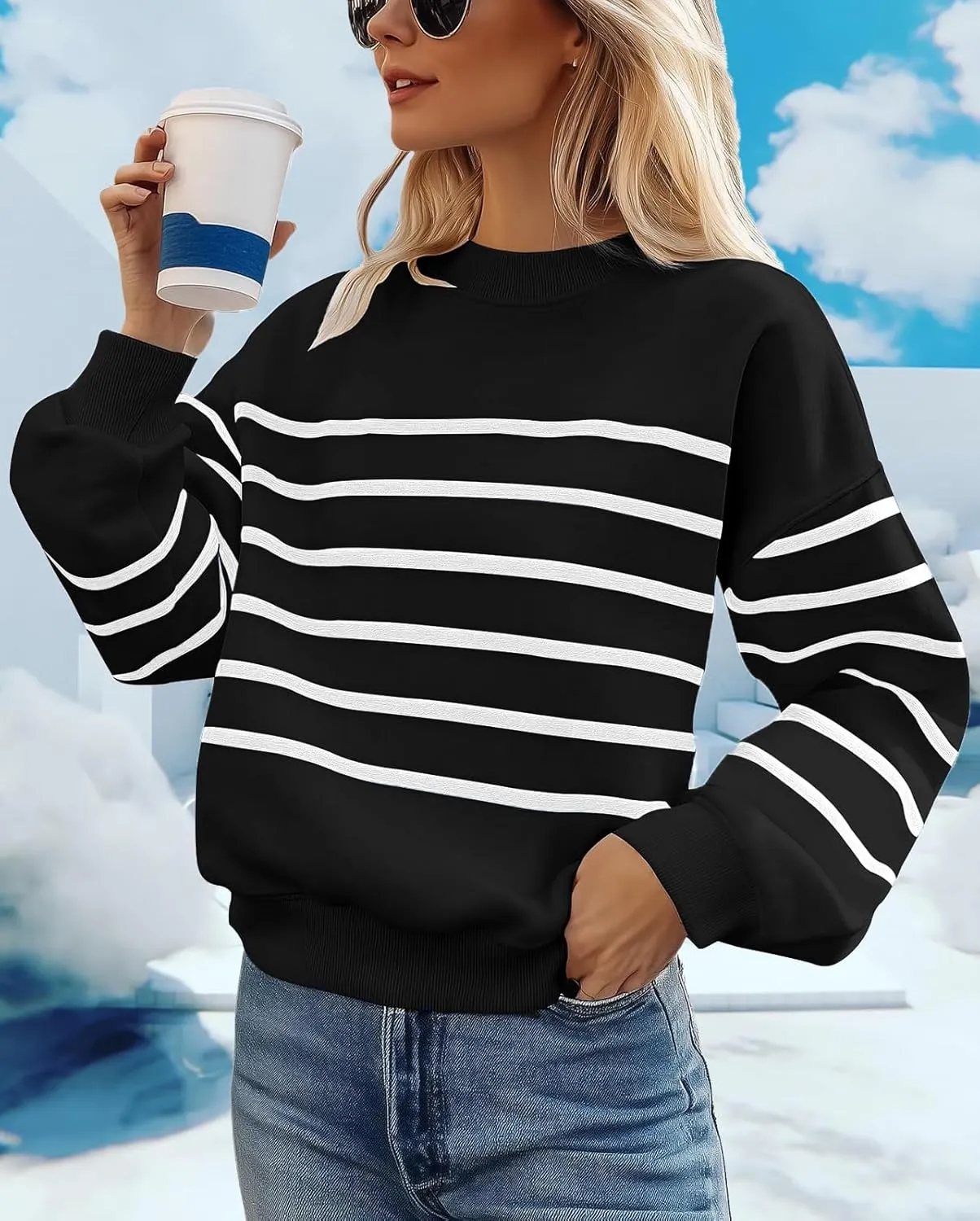 MsavigVice Women's Striped Sweatshirts with Pockets Color Block Long Sleeves Crew Neck Pullover Casual Loose Stylish Tops
