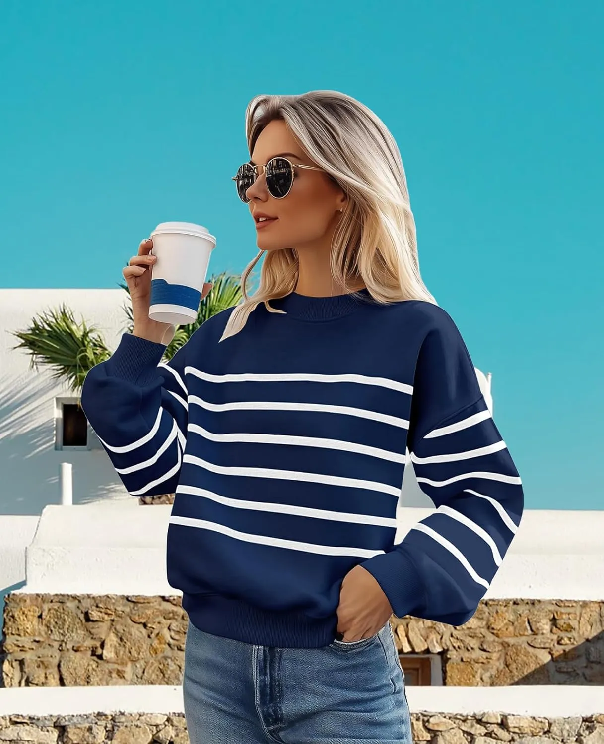 MsavigVice Women's Striped Sweatshirts with Pockets Color Block Long Sleeves Crew Neck Pullover Casual Loose Stylish Tops