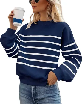 MsavigVice Women's Striped Sweatshirts with Pockets Color Block Long Sleeves Crew Neck Pullover Casual Loose Stylish Tops