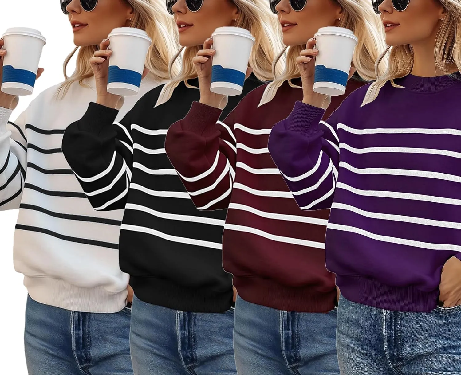MsavigVice Women's Striped Sweatshirts with Pockets Color Block Long Sleeves Crew Neck Pullover Casual Loose Stylish Tops