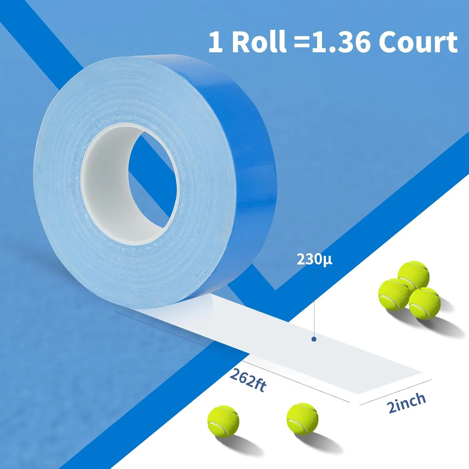 Pickleball Court Tape - 2" x 262 ft, Outdoor Pickleball Marking Kit, BlueTape for Temporary Court Lines - No Residue Easy to Apply & Remove - Perfect for Pickleball Court, Gym, Driveway, Backyard