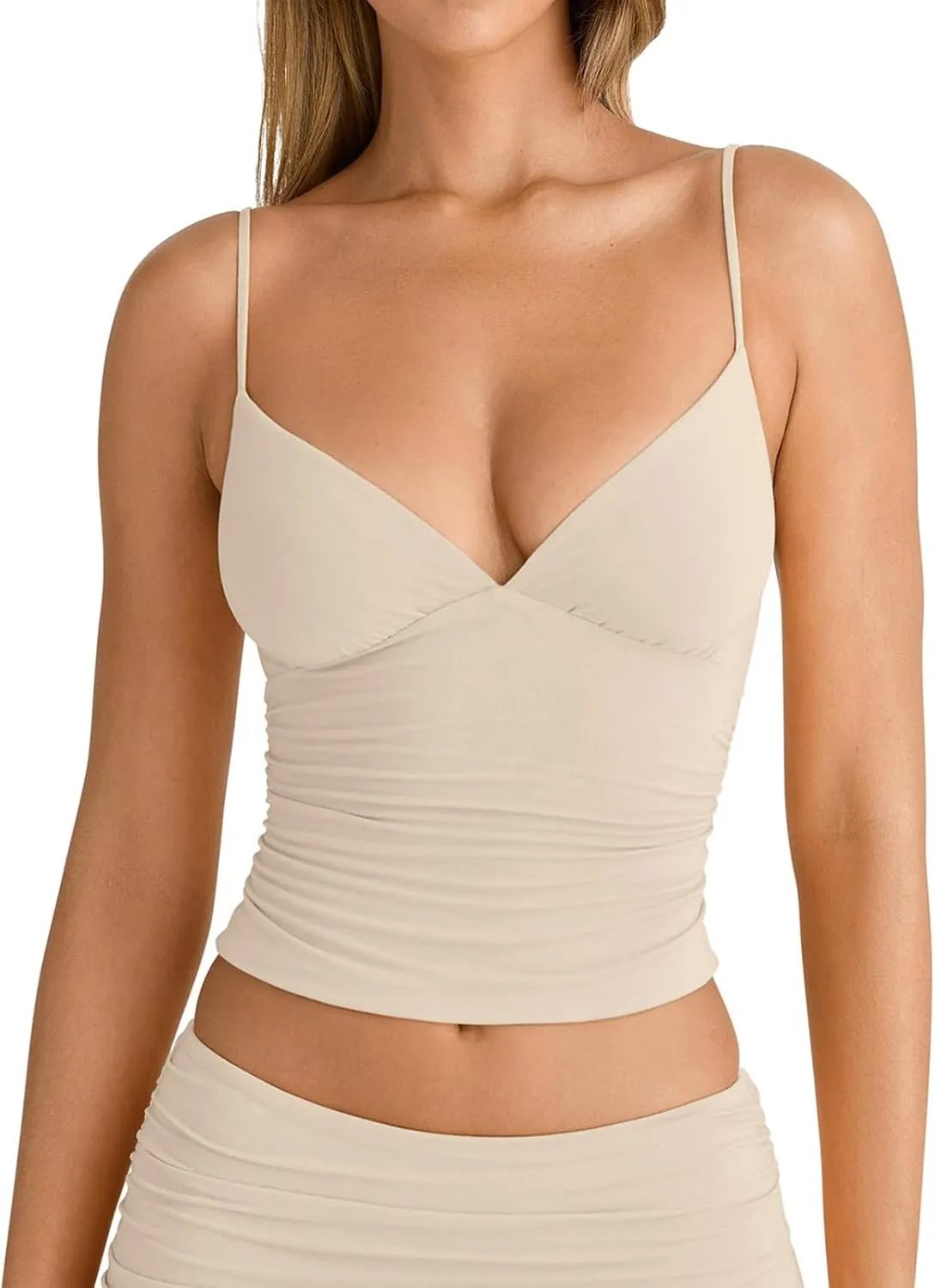 PINKMSTYLE Women's Sexy V Neck Ruched Cami Top Sleeveless Spaghetti Double Layer Fitted Crop Tank Tops
