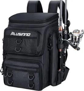 PLUSINNO Fishing Backpack With Rod Holder, 42L Water-Resistant Fishing Gear Tackle Box Backpack, Fishing Tackle Bag For Men