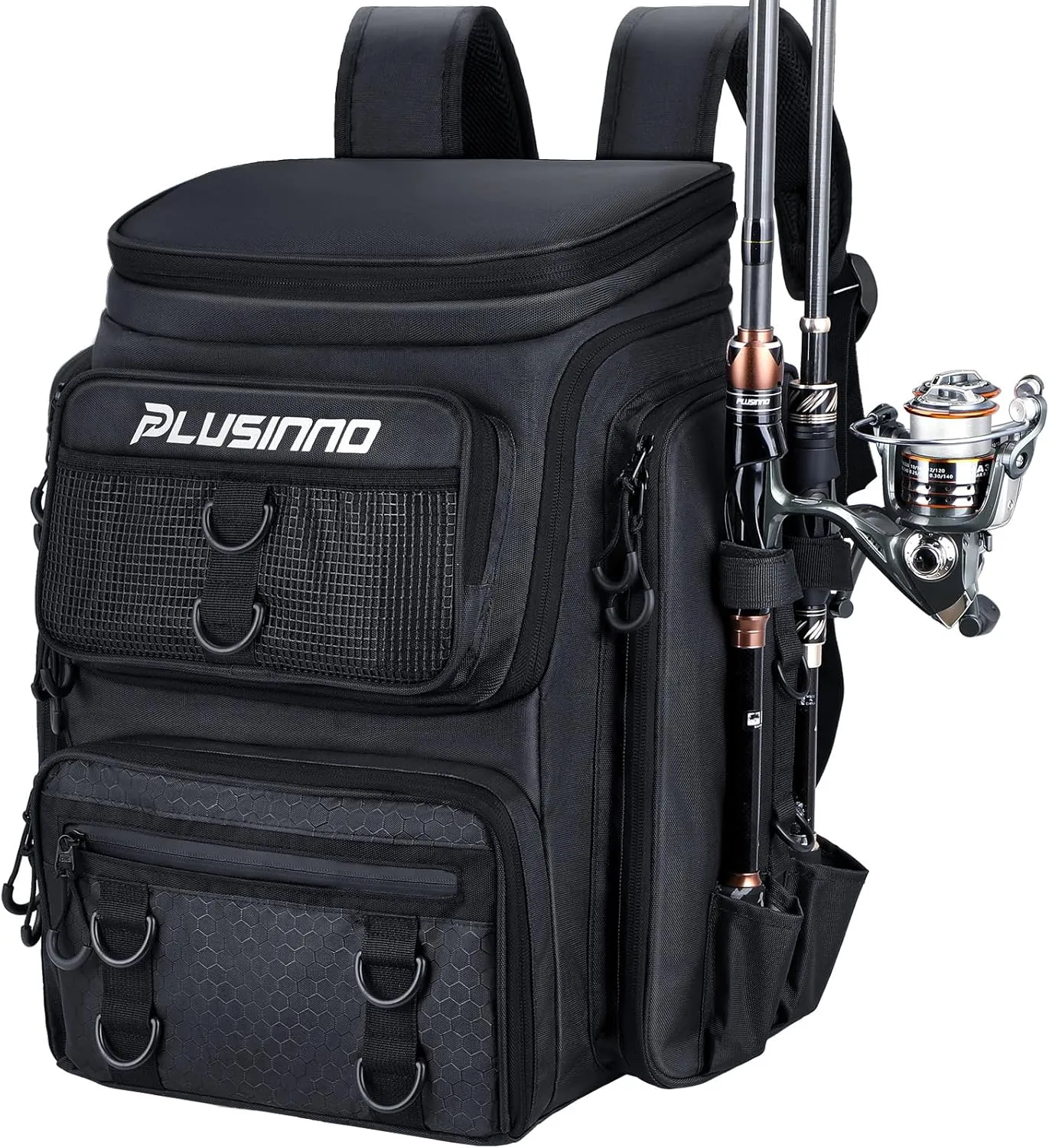 PLUSINNO Fishing Backpack With Rod Holder, 42L Water-Resistant Fishing Gear Tackle Box Backpack, Fishing Tackle Bag For Men