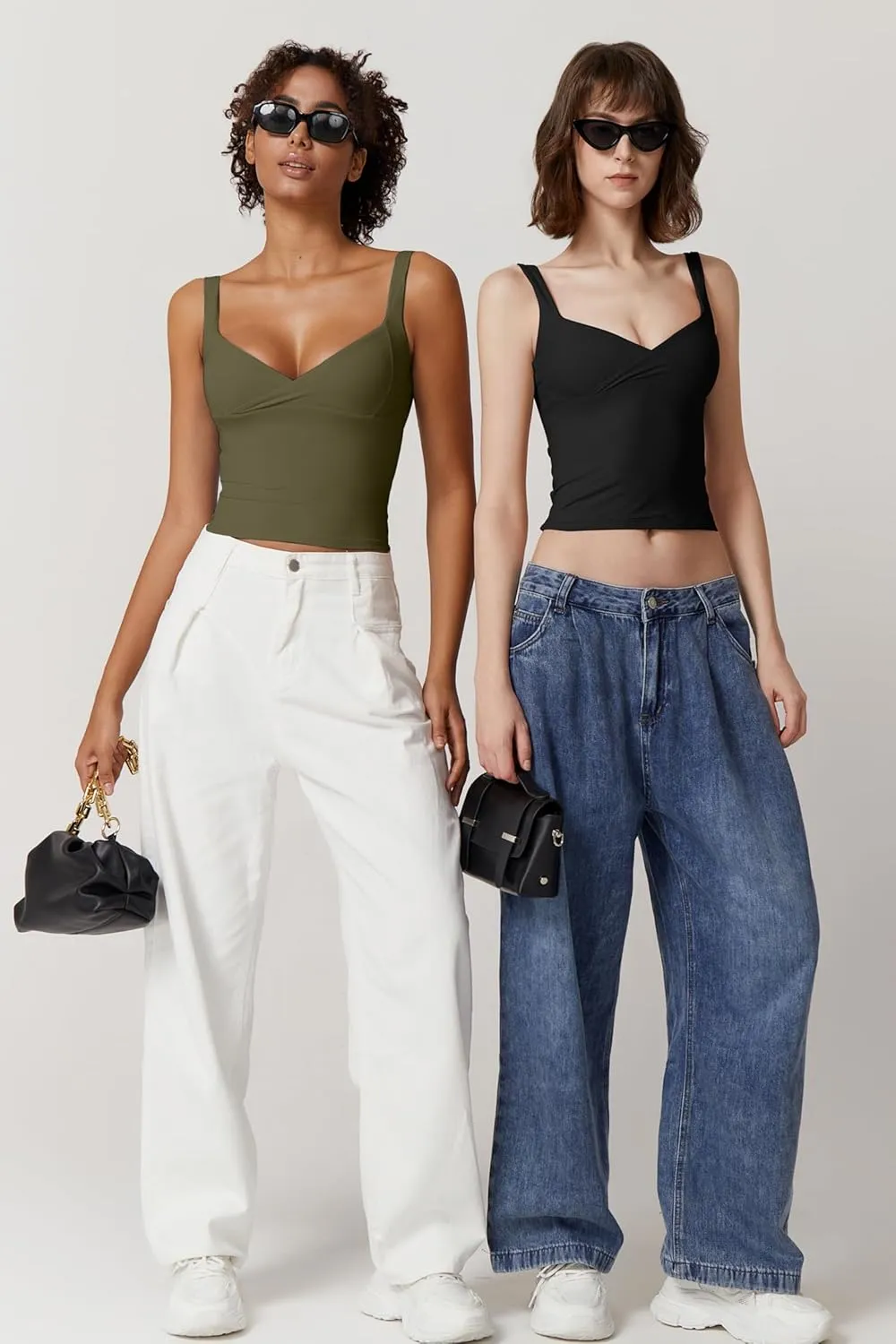 QINSEN Women's V Neck Tank Tops Double Lined Adjustable Strap Camisole Shirt