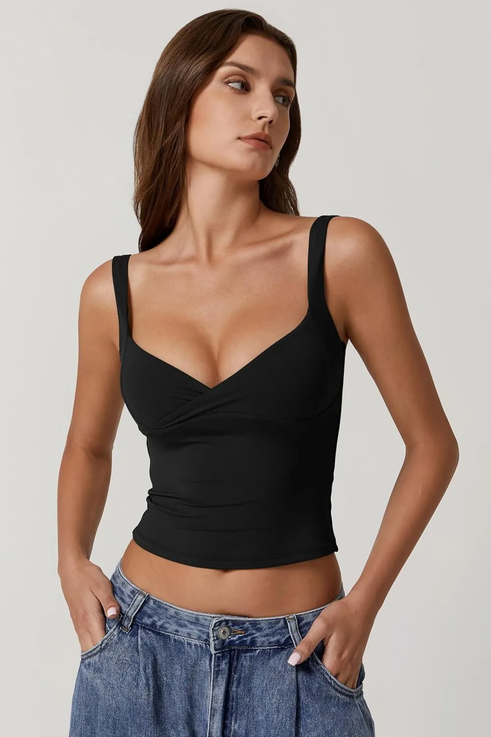 QINSEN Women's V Neck Tank Tops Double Lined Adjustable Strap Camisole Shirt