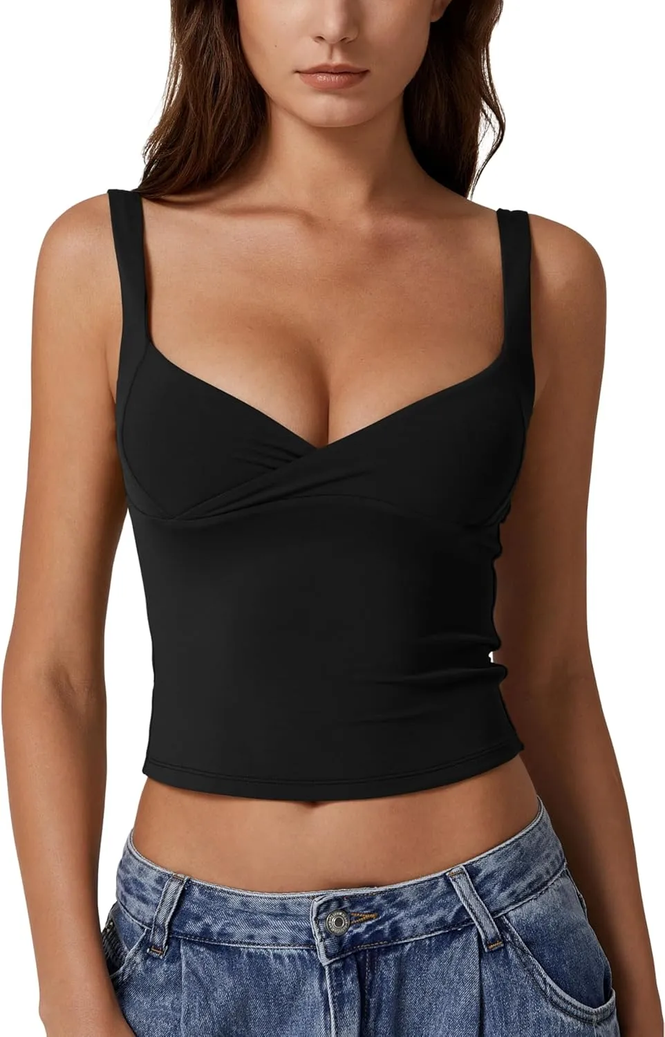 QINSEN Women's V Neck Tank Tops Double Lined Adjustable Strap Camisole Shirt