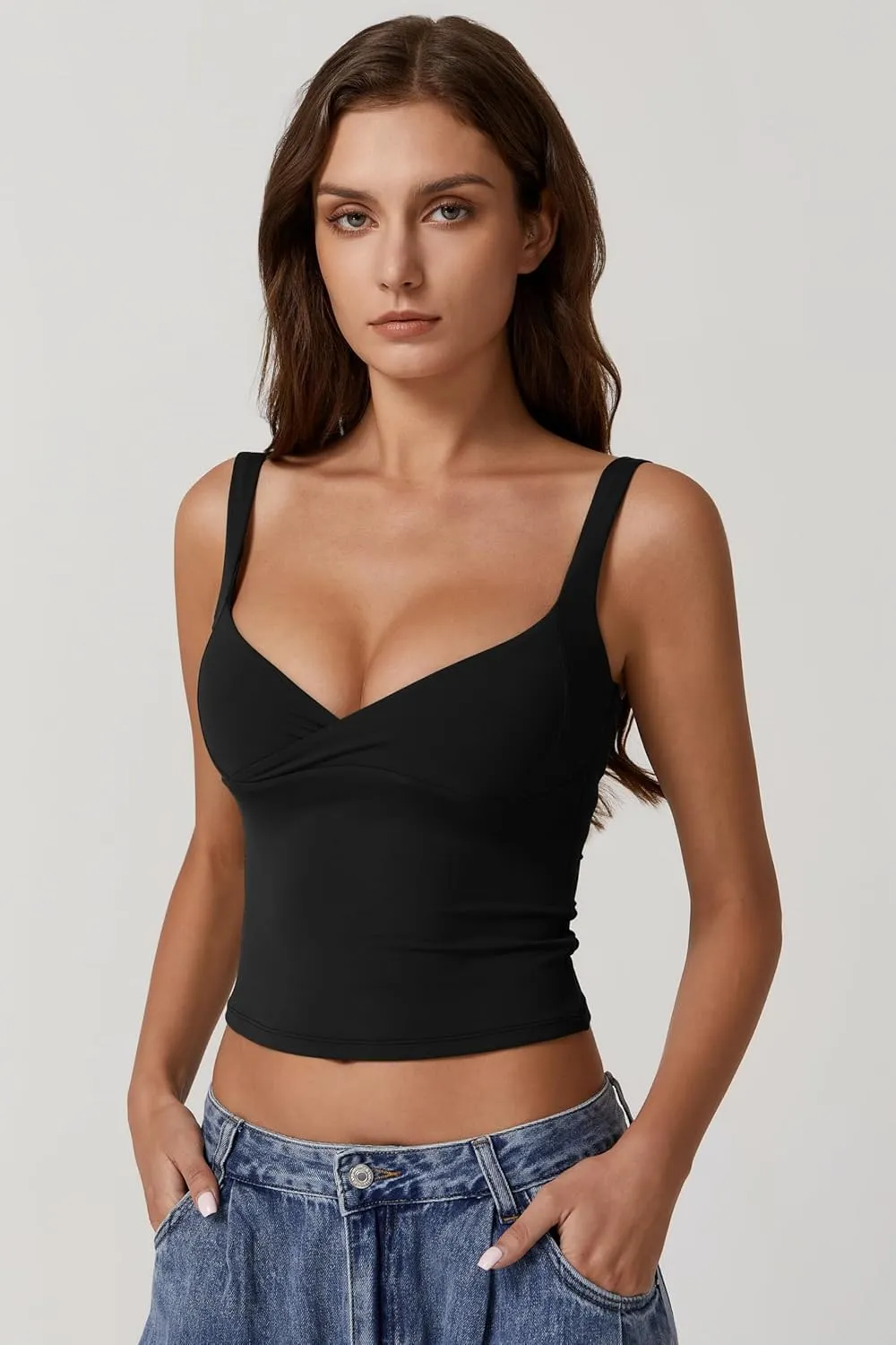 QINSEN Women's V Neck Tank Tops Double Lined Adjustable Strap Camisole Shirt