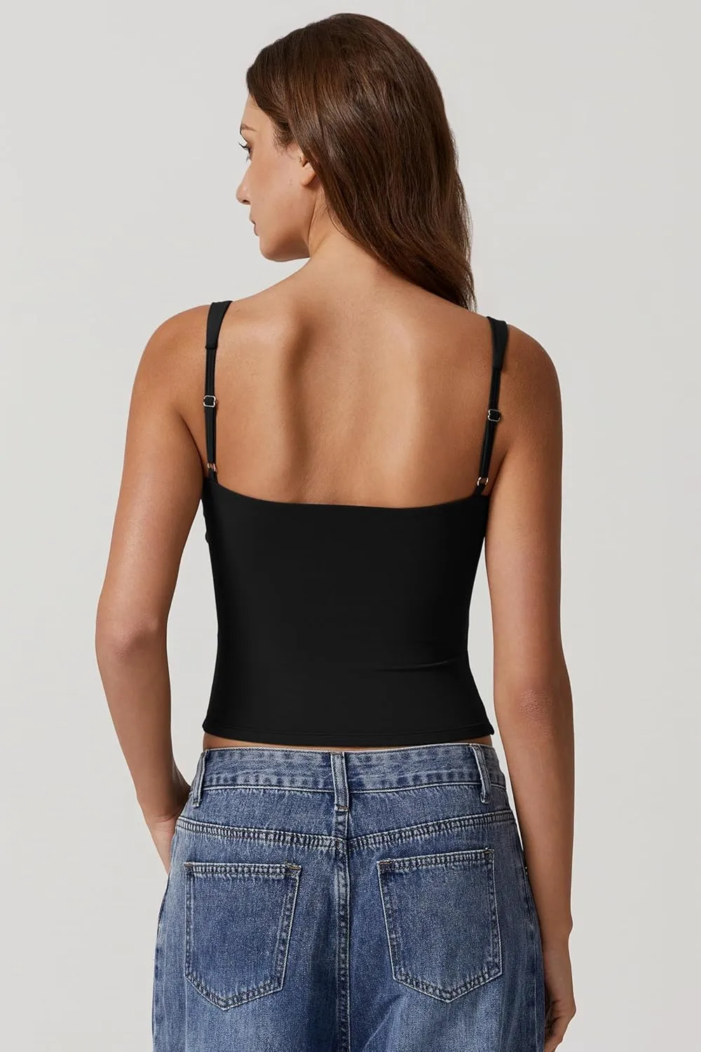 QINSEN Women's V Neck Tank Tops Double Lined Adjustable Strap Camisole Shirt