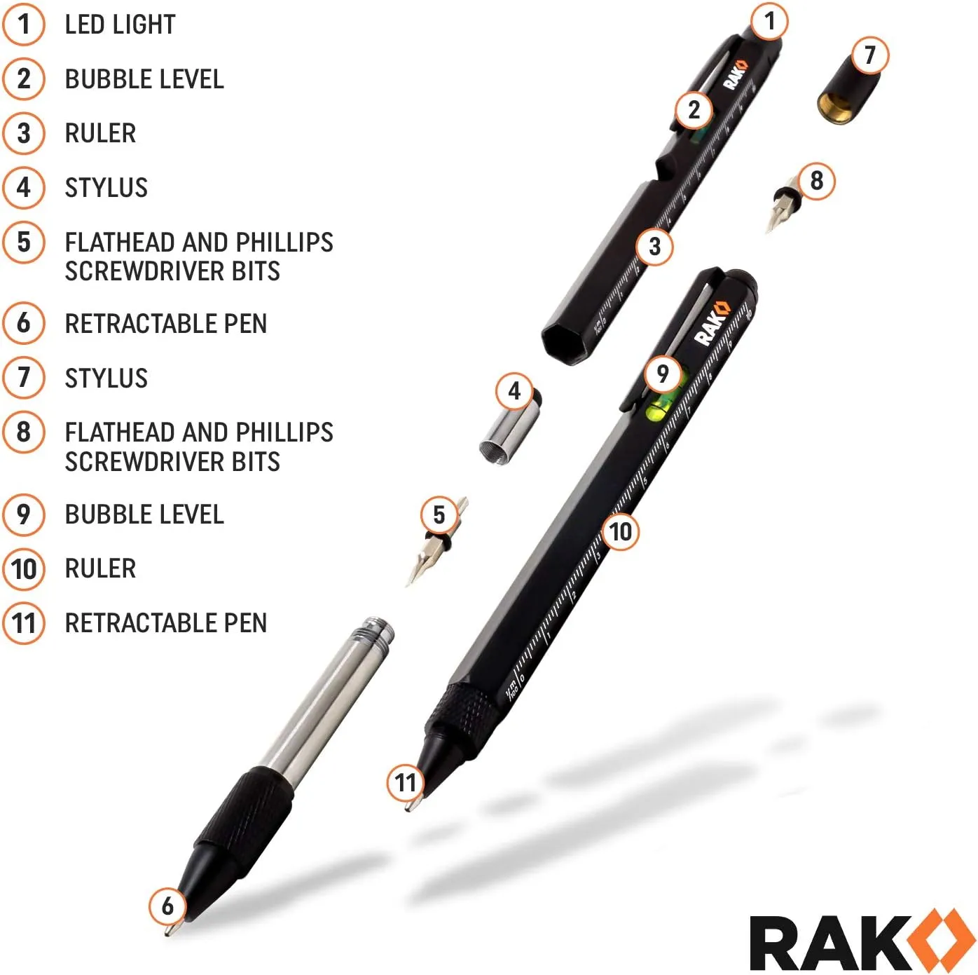 RAK Multitool Pen 2-Pack - Fathers Day Gift, Multi-Tool Pens with LED Light, Flathead & Phillips Screwdrivers, Level, Ruler, Bottle Opener, and Stylus. Cool Gadgets Gifts for Men, Dad, EDC Pen Tool
