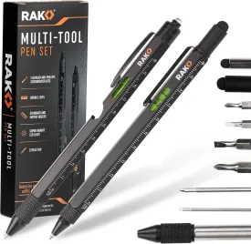 RAK Multitool Pen 2-Pack - Fathers Day Gift, Multi-Tool Pens with LED Light, Flathead & Phillips Screwdrivers, Level, Ruler, Bottle Opener, and Stylus. Cool Gadgets Gifts for Men, Dad, EDC Pen Tool