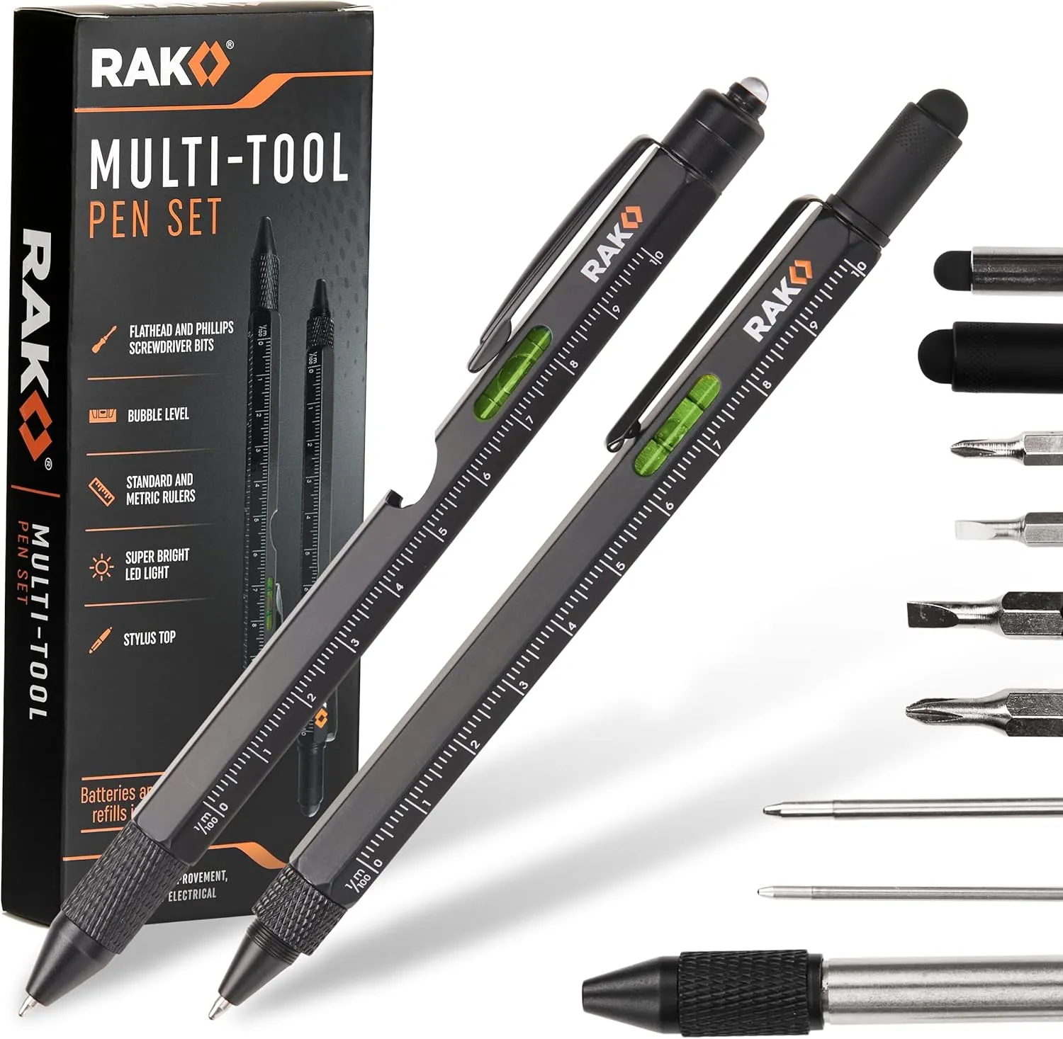 RAK Multitool Pen 2-Pack - Fathers Day Gift, Multi-Tool Pens with LED Light, Flathead & Phillips Screwdrivers, Level, Ruler, Bottle Opener, and Stylus. Cool Gadgets Gifts for Men, Dad, EDC Pen Tool