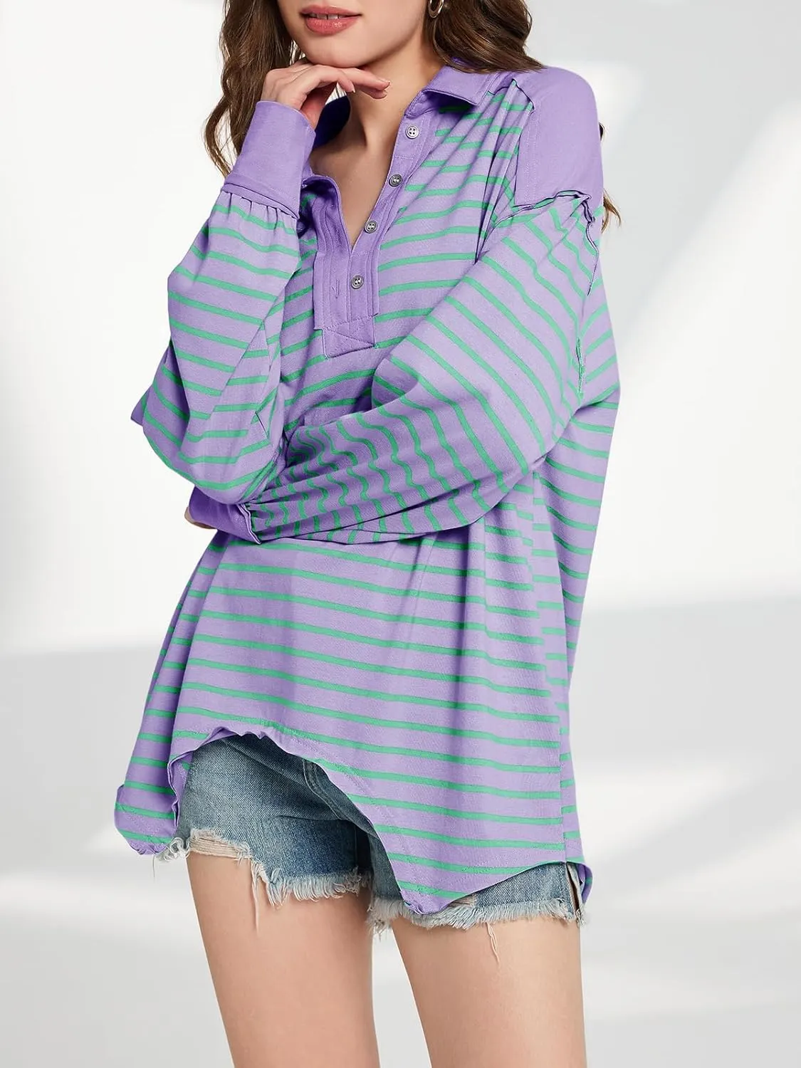 Tankaneo Womens Oversized Striped Sweatshirts Long Sleeve Polo Shirt Cotton Loose Fit Henley Tops