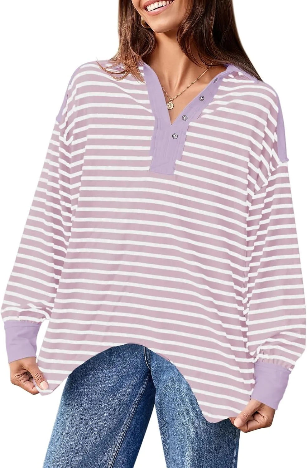 Tankaneo Womens Oversized Striped Sweatshirts Long Sleeve Polo Shirt Cotton Loose Fit Henley Tops