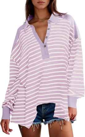 Tankaneo Womens Oversized Striped Sweatshirts Long Sleeve Polo Shirt Cotton Loose Fit Henley Tops