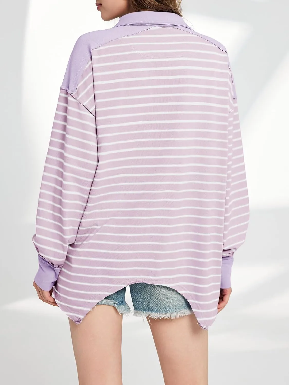 Tankaneo Womens Oversized Striped Sweatshirts Long Sleeve Polo Shirt Cotton Loose Fit Henley Tops