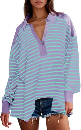 Tankaneo Womens Oversized Striped Sweatshirts Long Sleeve Polo Shirt Cotton Loose Fit Henley Tops
