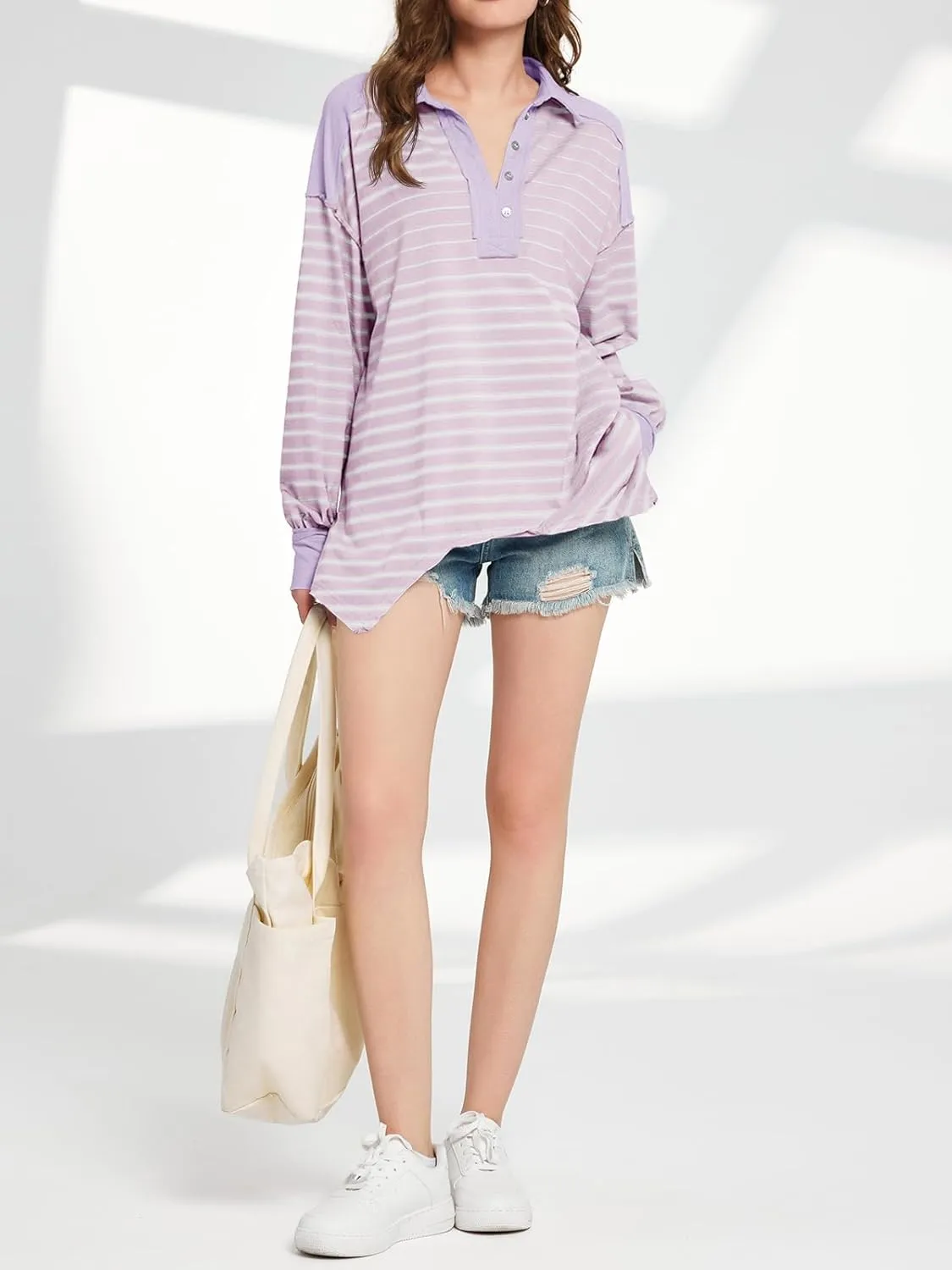 Tankaneo Womens Oversized Striped Sweatshirts Long Sleeve Polo Shirt Cotton Loose Fit Henley Tops