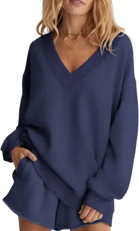 Womens Oversized V Neck Sweatshirts Casual Fleece Long Sleeve Pullover Fall Loose Fit Sweater Tops 2025 Navy