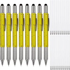 Zhanmai 8 Pieces 8 Pcs Gifts for Men Fathers Day Dad Gifts from Daughter Son Wife 6 in 1 Multitool Pen Set with Refills Screwdriver Ruler Levelgauge Birthday Graduation (Yellow)